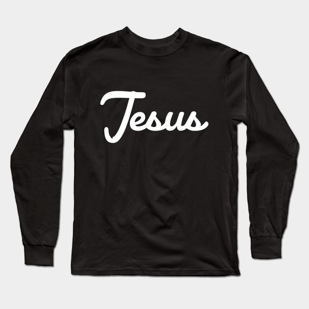 Jesus Cursive Script Typography White Text Long Sleeve T-Shirt by ellenhenryart